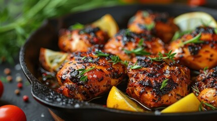 Wall Mural - Grilled Chicken with Lemon and Thyme in Cast Iron Pan