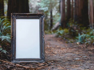 Blank picture frame standing on a trail in a redwood forest, providing copy space for your message