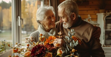 Sticker - An old man and woman with flowers sitting on a sofa or couch in the living room of the house, smiling and happy. An elderly man and his partner with flowers and surprise for love, smile and happiness