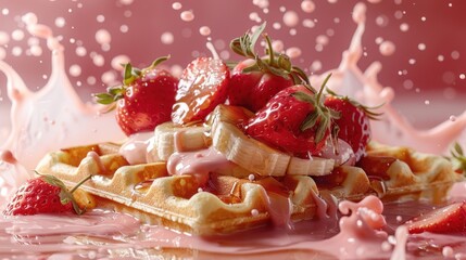 Wall Mural - Strawberry and Banana Waffle with Pink Milk Splash