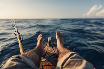 Taking a break on a boat in the ocean while fishing, relaxing or enjoying the water activity as a vacation. Man on the boat, casting break on a boat, nature with recreation or freedom.