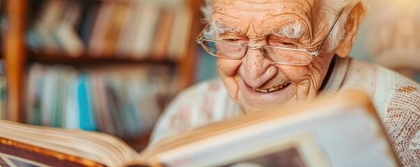 Elderly person smiling while looking at photo album, memories, nostalgia