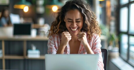 A woman with an eagerness to celebrate ideas for businesses, workplaces and offices. She has a cheerful, positive attitude for any opportunity or promotion she receives.