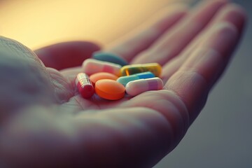 Leinwandbilder - Close-up shot of an open palm with colorful pills, softly blurred background. Intimate and caring atmosphere. Generative AI