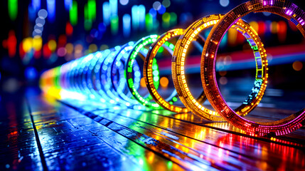 Wall Mural - Row of colorful lights sitting on top of wooden table next to each other.