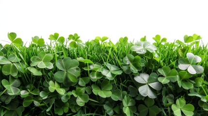 Isolated green grass with the clover leaf on white background,copy space. 