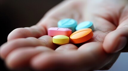 Poster - A close-up shot of an open palm holding several colorful pills, the background is softly blurred, creating an intimate and caring atmosphere. Generative AI