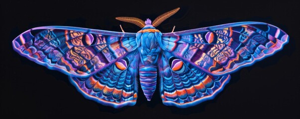 Vibrant colorful moth with detailed patterns on black background