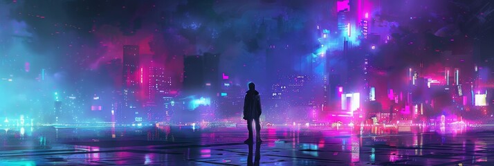 Neon neon city night. Futuristic city scene in pixel art style. Retro future 3D illustration. Urban scene.