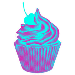 Poster - Funky neon halftone cherry cupcake sticker overlay