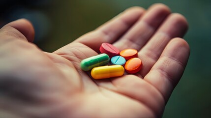 Leinwandbilder - A close-up shot of an open palm holding various colorful pills, with a softly blurred background creating an intimate and caring atmosphere. Generative AI