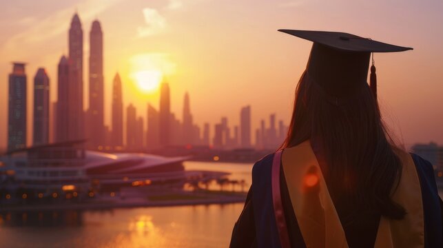 A graduate student in a robe and hat contemplates the future from a rooftop at sunset.