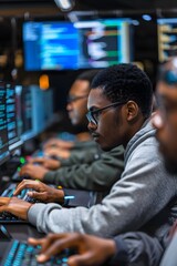 IT Specialists Analyzing Data and Code on Multiple Screens in Office
