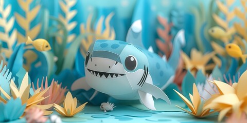 Wall Mural - baby shark smiling swimming in sea , baby animal nursery papercraft paper cut illustration	
