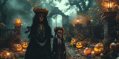 Wall Mural - kid wearing scarry witch make up holding glowing pumpkin lantern in spooky Halloween garden 