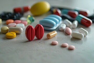Poster - A close-up view of assorted heart medications including pills, capsules, and a heart rate monitor, emphasizing the importance of medication for managing heart disease. Generative AI