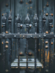 Poster - A weathered wrought iron fence in front of an alley, reflecting a sense of urban decay and rustic charm with its aged textures and faded colours.