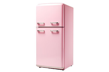 A Retro Pink Refrigerator Standing Alone Against a White Background on a Clear PNG or White Background.