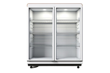 Empty White Double-Door Commercial Refrigerator Ready for Stocking on a Clear PNG or White Background.