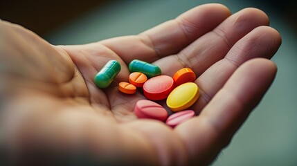 Leinwandbilder - A close-up shot of an open palm with colorful pills, capturing a moment of care and attention. Generative AI