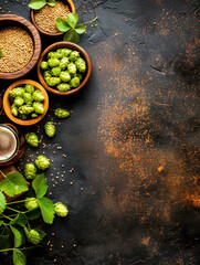 Sticker - Hops cones and barley in a sack, set against a dark background. Perfect for craft beer promotions or organic food photography.