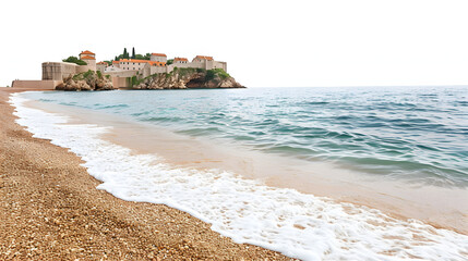 Wall Mural - empty beach at sveti stefan in montenegro isolated on white background, png