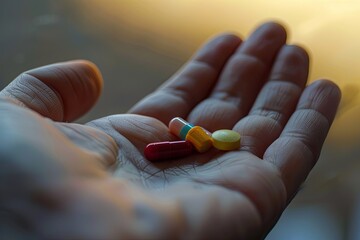 Leinwandbilder - A close-up shot of a hand holding several colorful pills. The background is blurred, creating an intimate and caring atmosphere. Generative AI