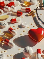 Poster - A close-up photo showcasing an assortment of heart medications, including pills, capsules, and a heart rate monitor, arranged on a white surface. Generative AI