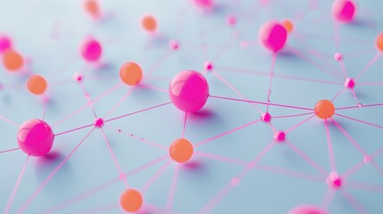Wall Mural - network connections on a light blue background with pink and orange spheres, interconnected nodes in an abstract technology concept, a digital grid pattern, gradient on a white background