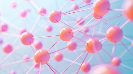 Wall Mural - network connections on a light blue background with pink and orange spheres, interconnected nodes in an abstract technology concept, a digital grid pattern, gradient on a white background