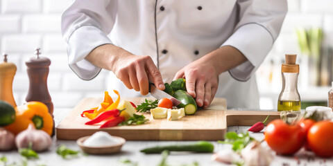 A chef chopping fresh vegetables on a wooden cutting board surrounded by various colorful ingredients