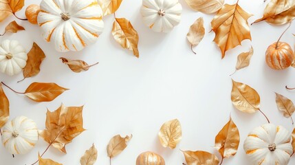 Naklejka na meble White and Orange Pumpkins with Golden Leaves on White Background