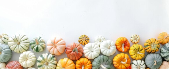 Colorful Pumpkins and Flowers on White Background wide banner