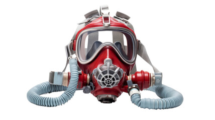 Close-up of a red industrial safety mask with attached hoses, isolated on a white background. Perfect for health, safety, and industry-related content.