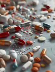 Poster - A close-up of a variety of heart medications, including pills and capsules, arranged on a table. Generative AI