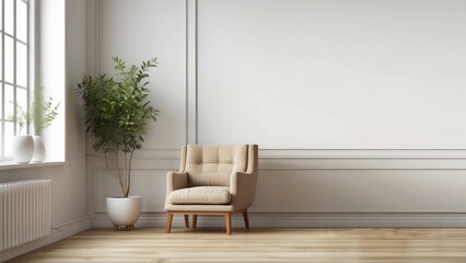 Interior home of living room with beige armchair on white wall copy space mock up, hardwood floor