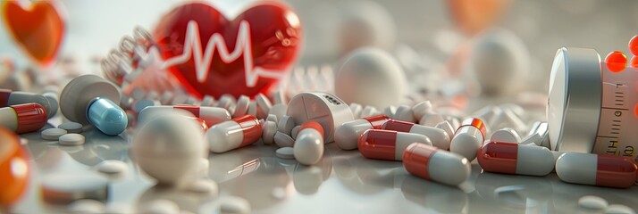 Fototapete - Various heart medications including pills, capsules, and a heart rate monitor arranged on a clean surface. Generative AI