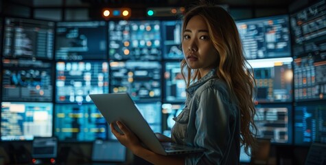 Female software developer working on a laptop in front of multiple digital screens in a data center