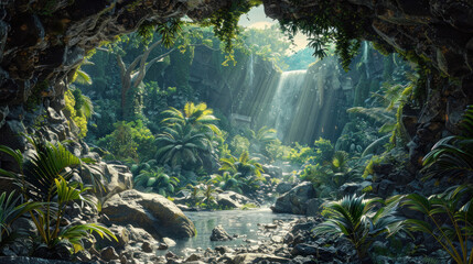 Wall Mural - Fantasy jungle cave, illustration, hyper realistic, photorealistic