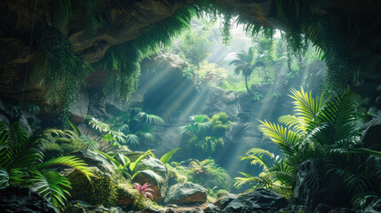 Wall Mural - Fantasy jungle cave, illustration, hyper realistic, photorealistic