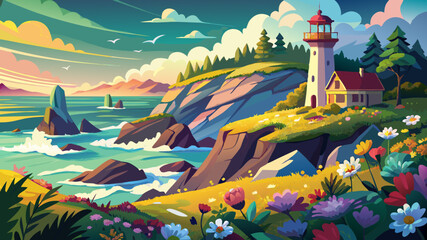 Wall Mural - A coastal landscape with a lighthouse on a rocky cliff, surrounded by crashing waves and colorful flowers in the foreground