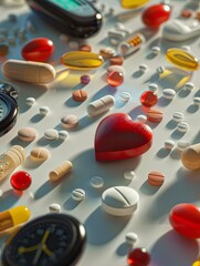 Aufkleber - A close-up image of various heart medications, including pills, capsules, and a heart rate monitor, on a white surface. Generative AI