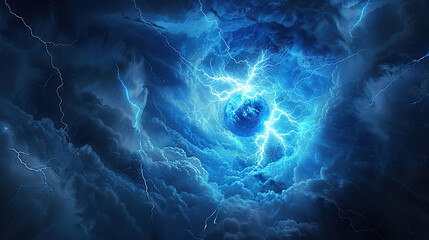 Wall Mural - A dark blue lightning storm with a glowing sphere of light in the center