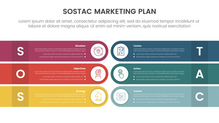 Wall Mural - SOSTAC marketing planning model infographic with round rectangle box opposite direction with 6 step points for slide presentation