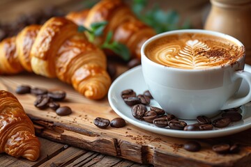 Wall Mural - Coffee and Croissants on Wooden Tabletop