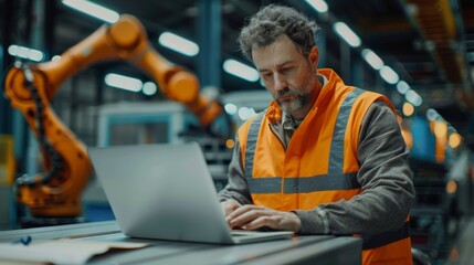 Industrial worker in safety vest using laptop for machine control in factory