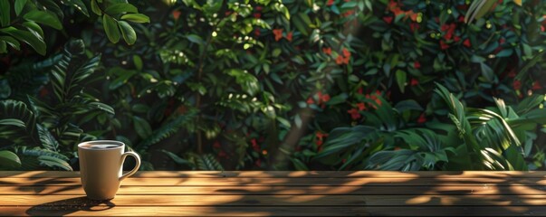 Wall Mural - Coffee cup on wooden table in lush garden with sunlight and leaves