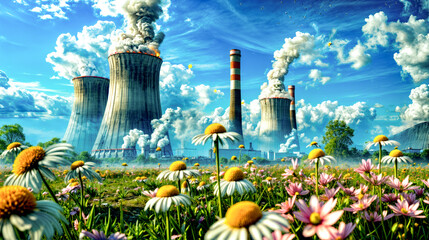 Painting of nuclear power plant with flowers in the foreground and field of daisies in the foreground.