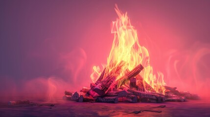 Wall Mural - bonfire with tall flames and smoldering wood 
