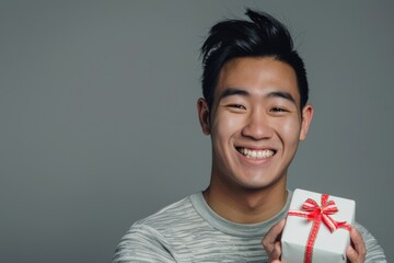 Wall Mural - Portrait of a grinning asian man in his 20s holding a gift isolated in blank studio backdrop